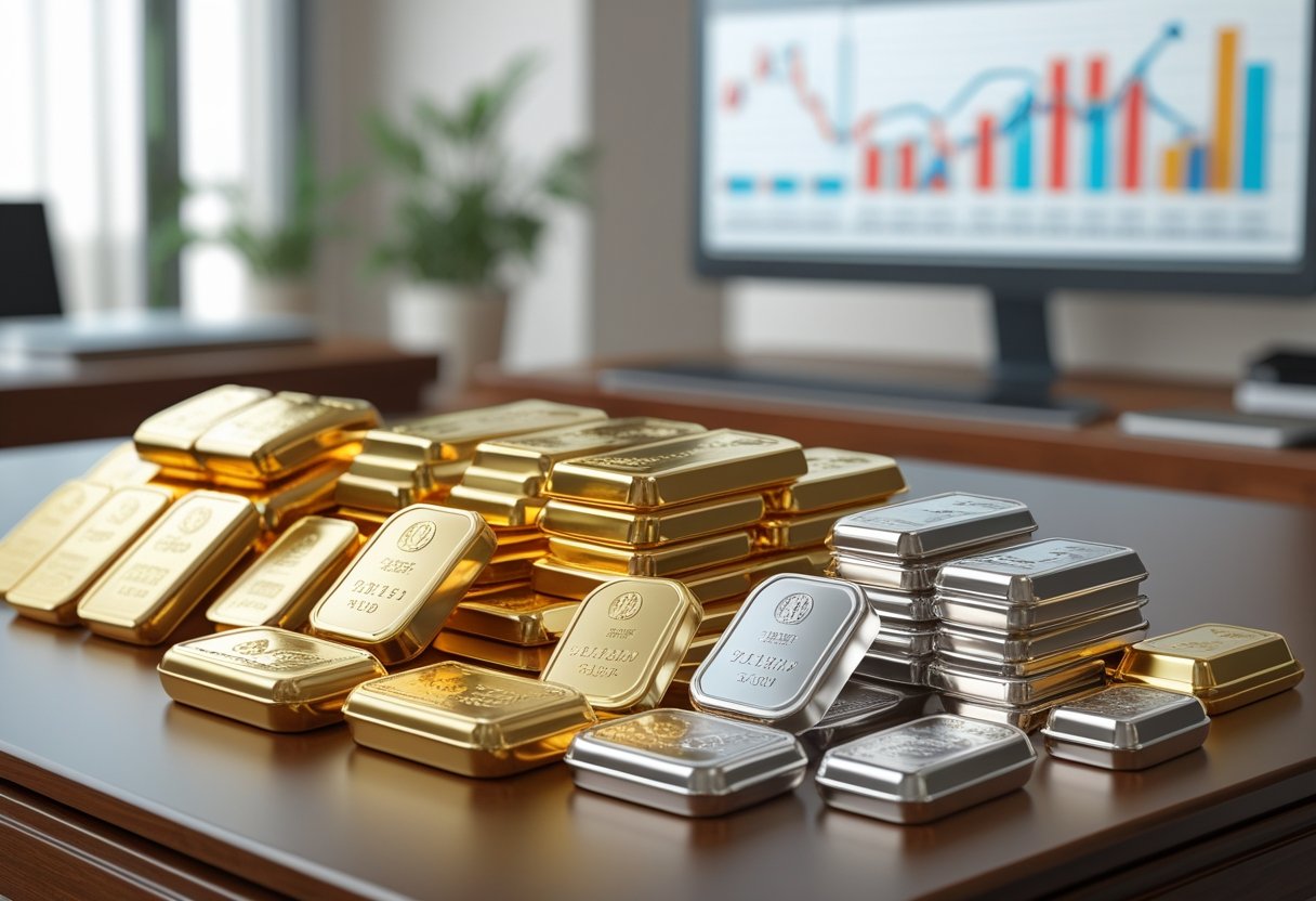 A display of gold bars, silver coins, platinum ingots, and palladium pieces on a wooden table in an office setting with financial charts in the background.