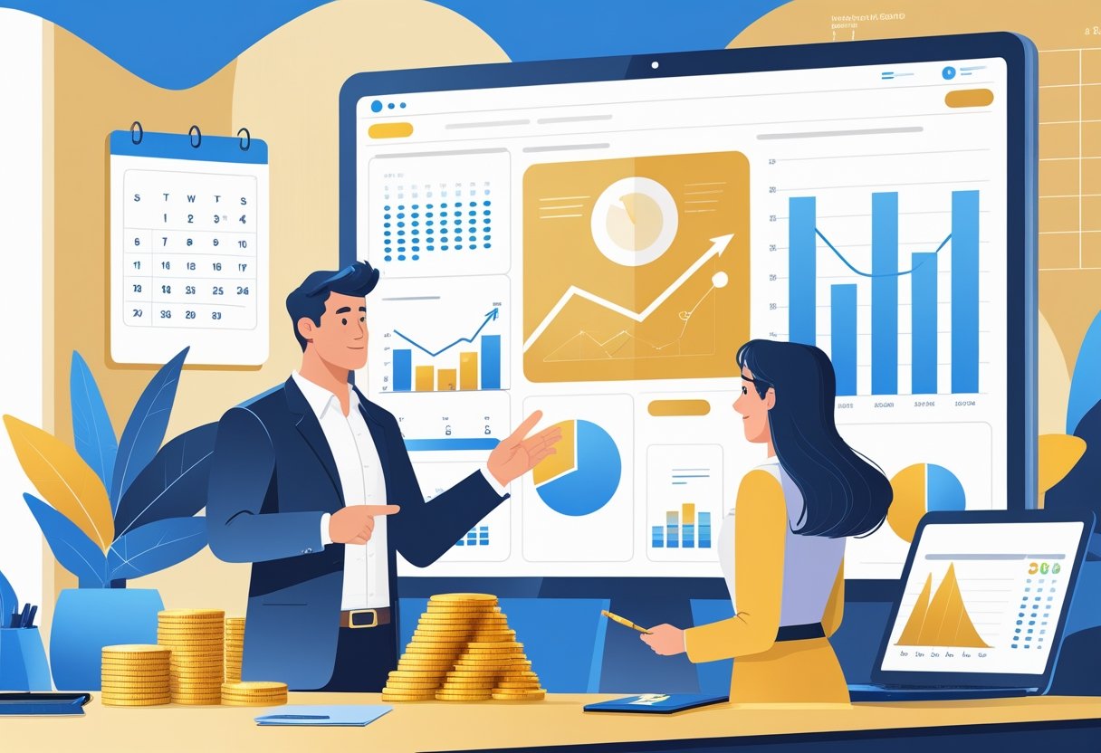 A financial advisor explains gold investment options to a client in an office with gold coins and charts related to retirement planning.