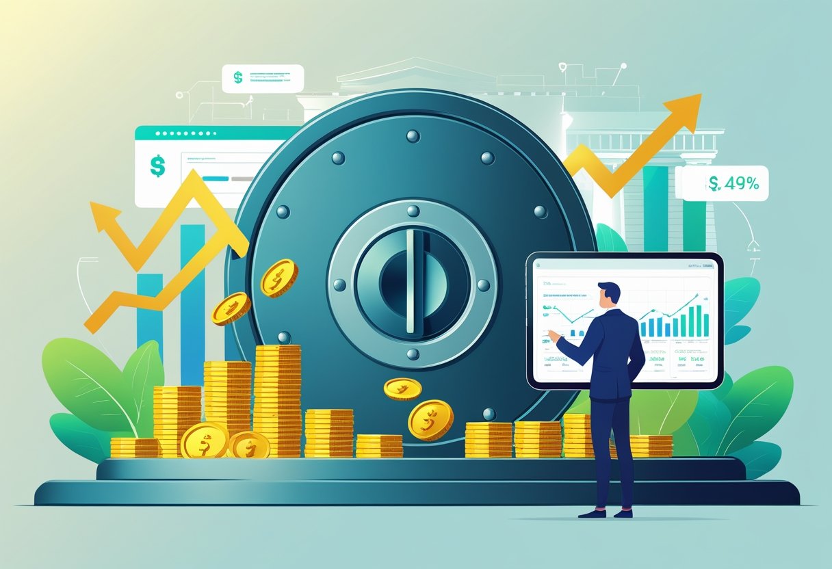 A person managing finances on a tablet next to a vault with coins and upward graphs symbolizing growing savings.