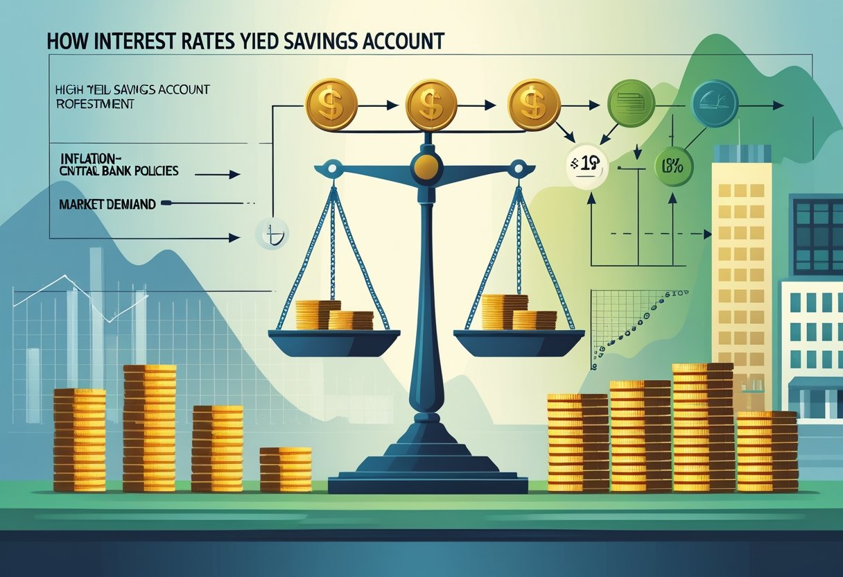 A balanced scale with coins on one side and a bank building on the other, surrounded by a flowchart of economic factors influencing interest rates and graphs showing financial growth.