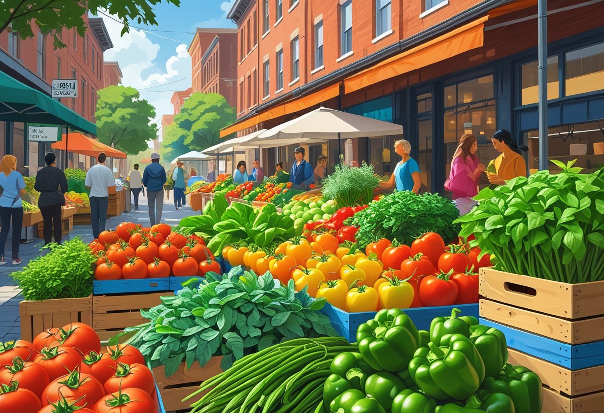 A busy urban street market with fresh vegetables and people shopping in a neighborhood setting.