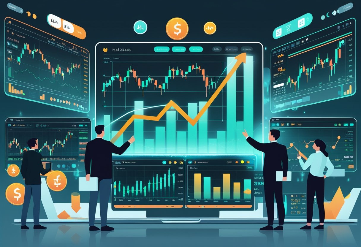 A group of traders analyzing digital stock charts and market data on multiple screens in a modern trading environment.