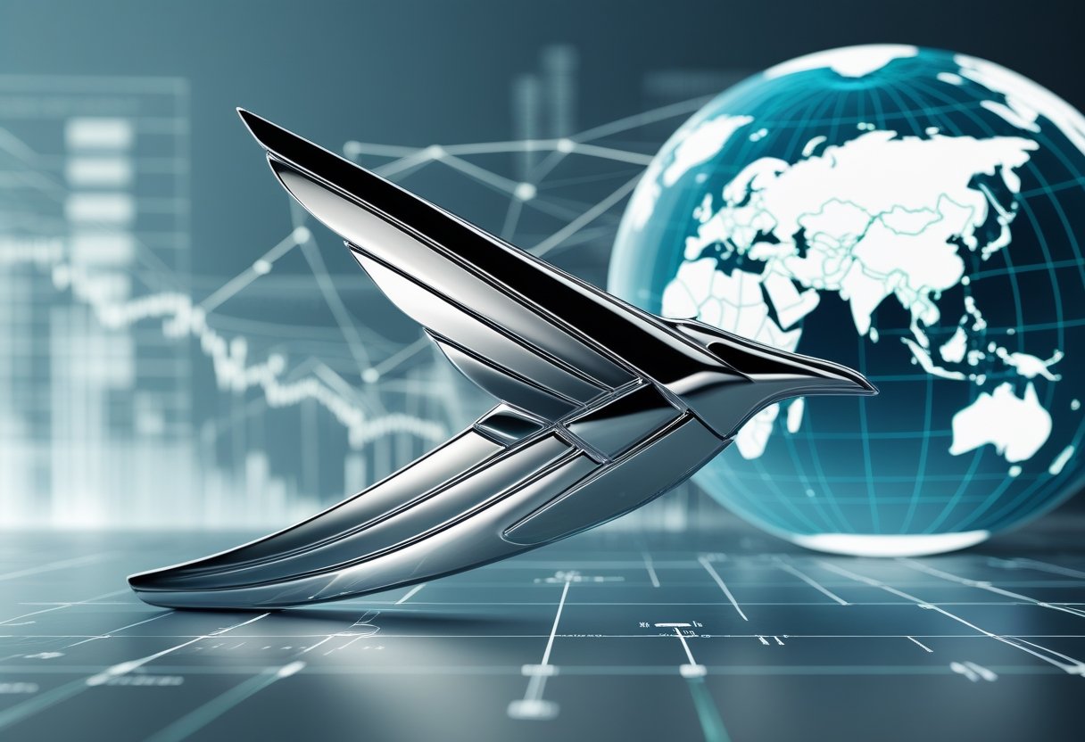 A polished hood ornament shaped like a winged figure in front of a globe showing continents connected by network lines, symbolizing global expansion and international reach.