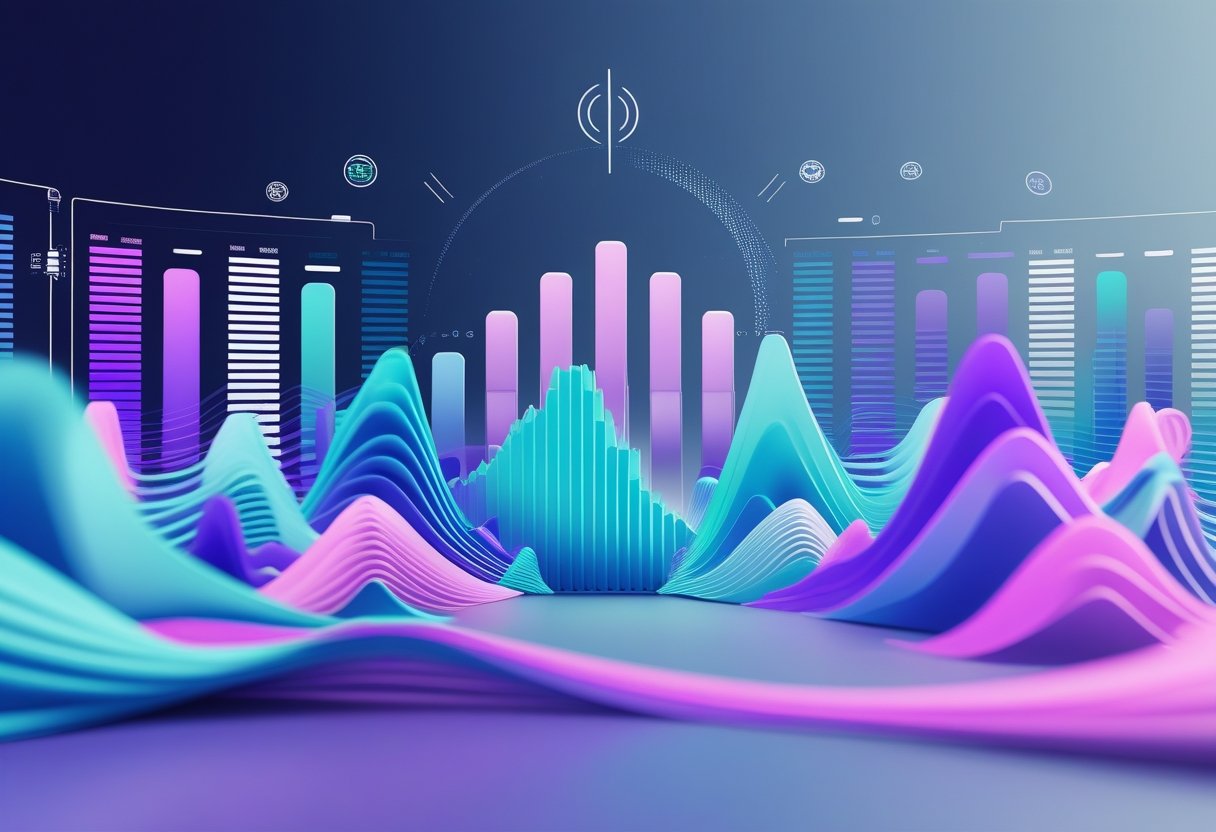 Abstract colorful sound waves and audio equalizer bars flowing from a central point with digital geometric shapes in the background.