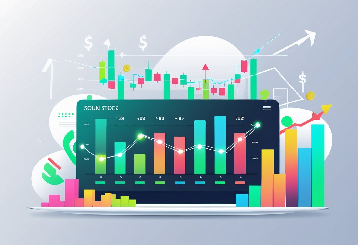 A digital dashboard showing colorful line graphs and bar charts representing stock market performance with various upward and downward trends.