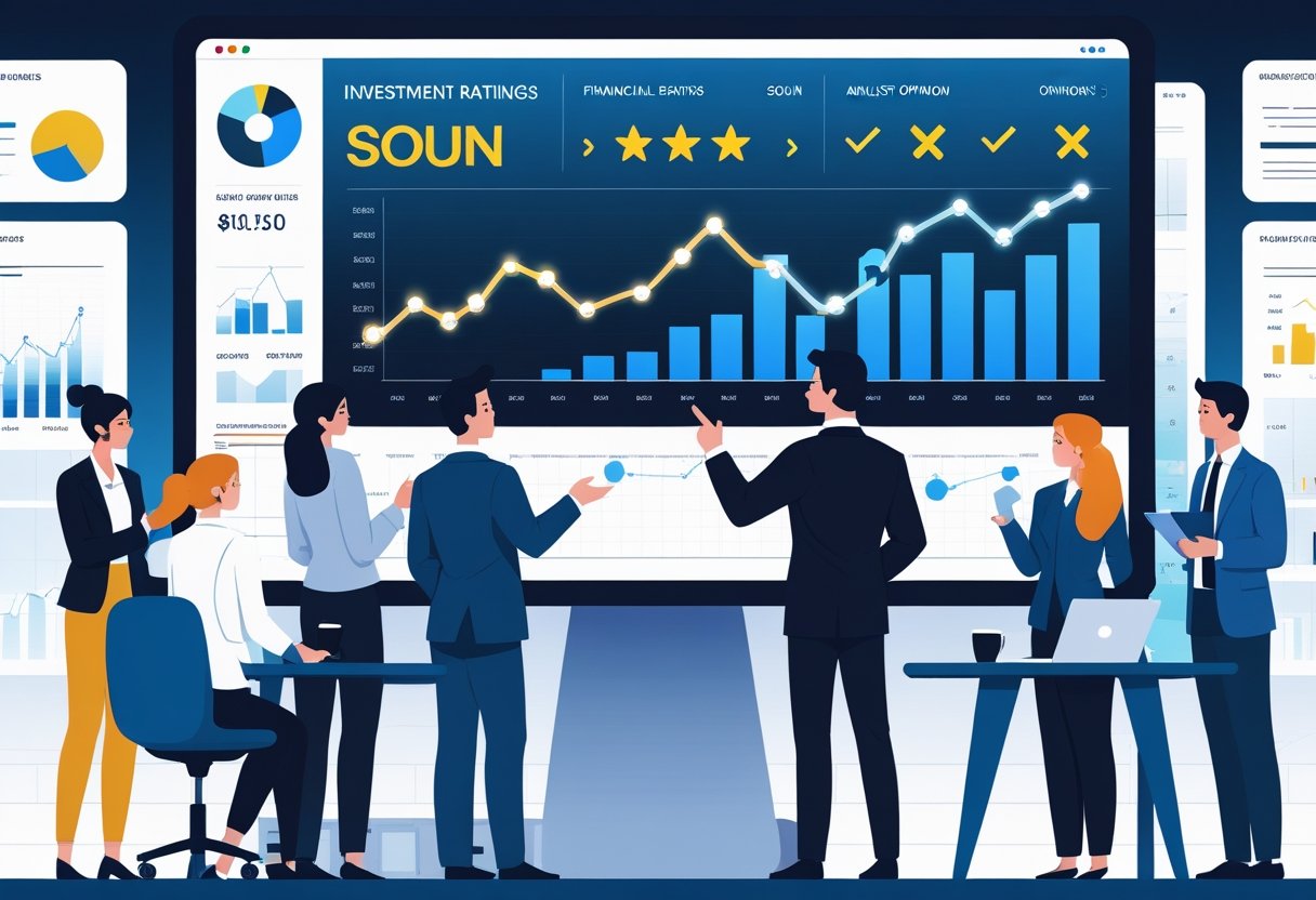 A group of financial analysts discussing stock charts and ratings around a large digital screen in an office setting.