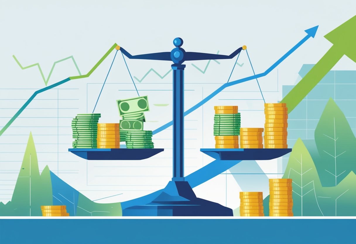 A balanced scale with coins and cash on one side and assets on the other, showing the concept of net debt with financial charts in the background.