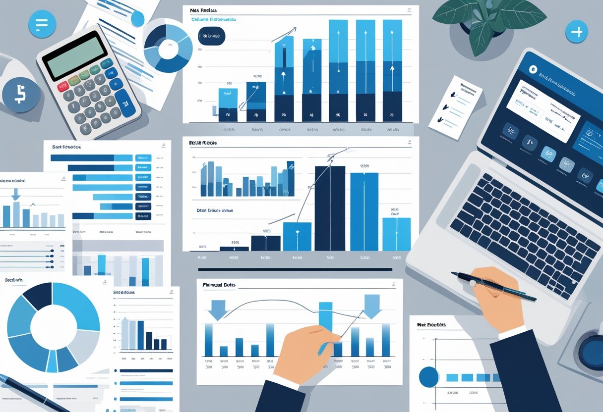 An office desk with financial charts, graphs, a calculator, and a laptop displaying financial data related to debt ratios.
