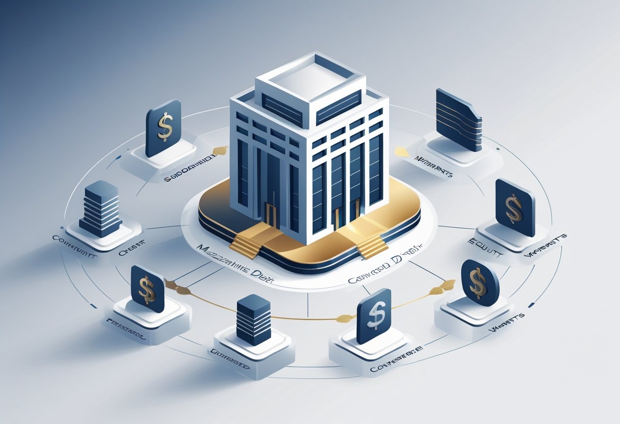 Illustration showing a central building surrounded by icons representing different types of mezzanine debt instruments connected with lines.