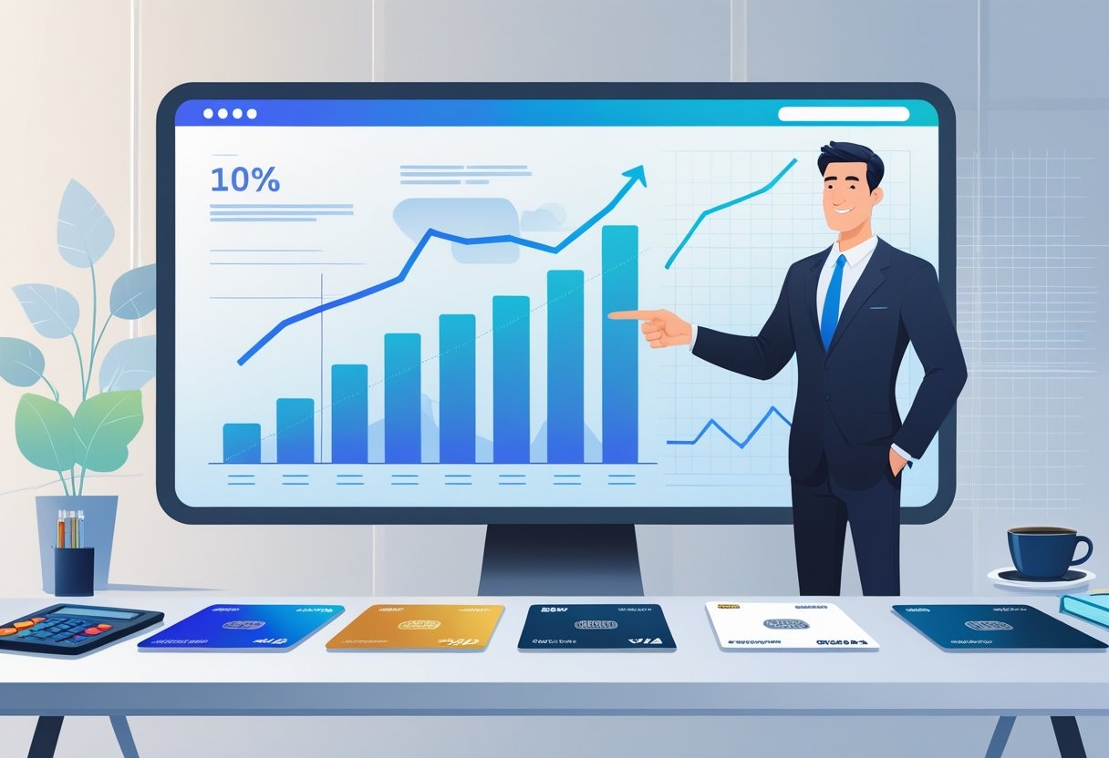 A person standing next to a desk with several credit cards and a digital screen showing financial graphs.