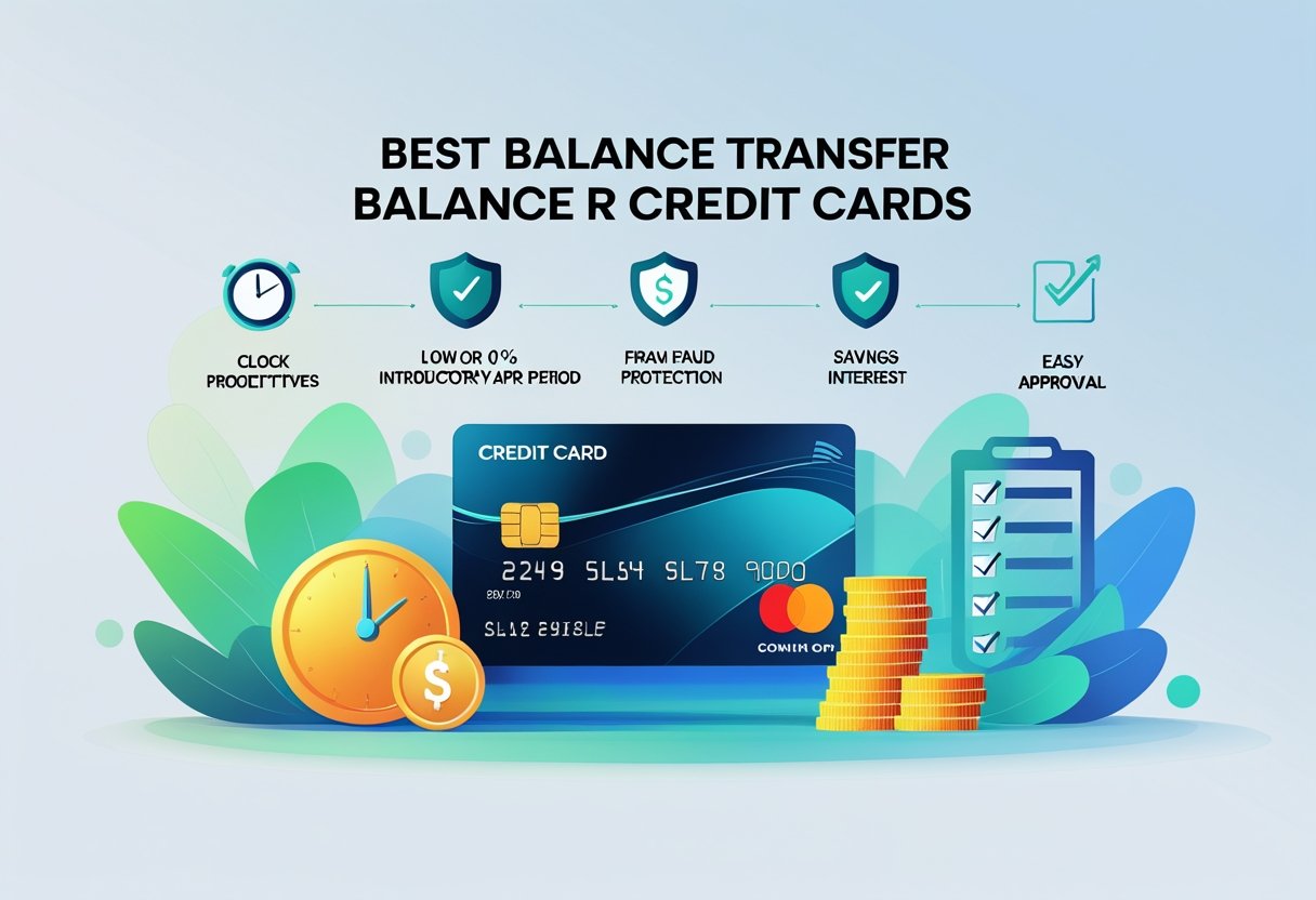 A credit card surrounded by icons representing low interest rates, fraud protection, savings, and easy approval on a clean background.