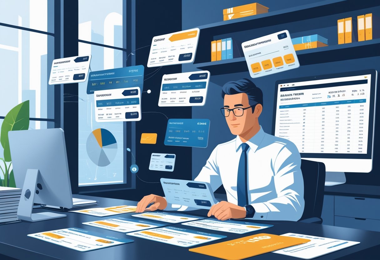 A financial advisor reviewing credit card statements and balance transfer offers at a desk with charts and graphs displayed around them.