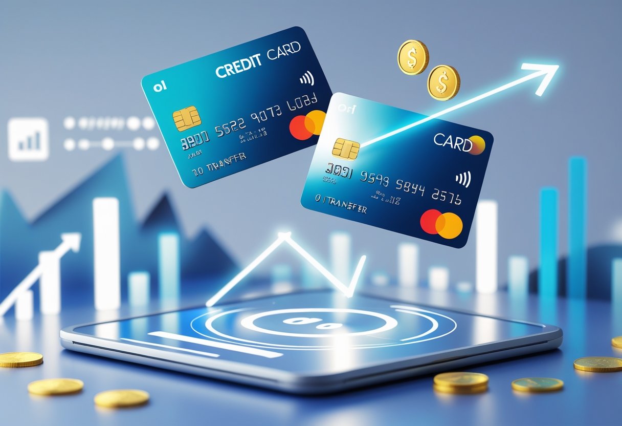 Two credit cards with a glowing arrow transferring between them above a digital financial interface with icons and graphs.