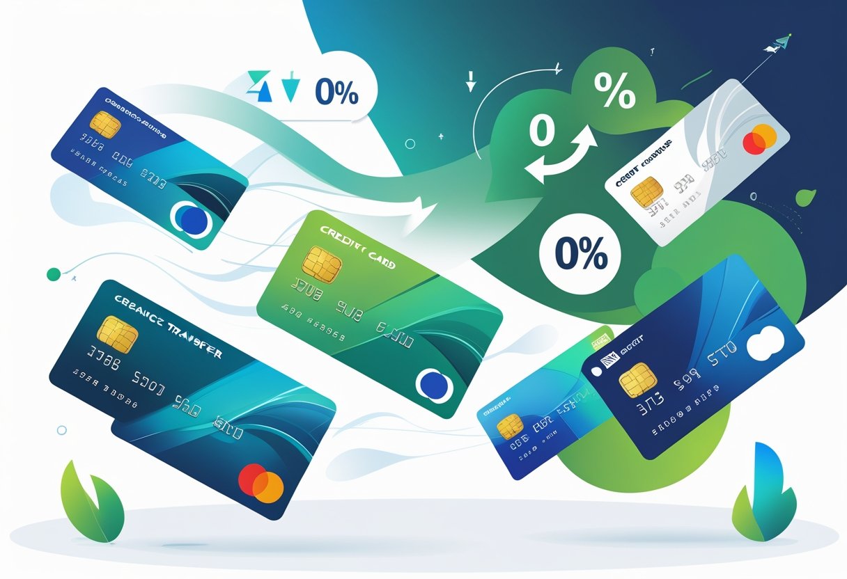 Illustration showing multiple credit cards with arrows symbolizing balance transfers and financial offers.