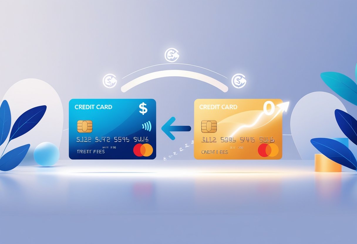 Two credit cards connected by an arrow representing balance transfer, with icons indicating fees on one card and zero percent interest on the other.