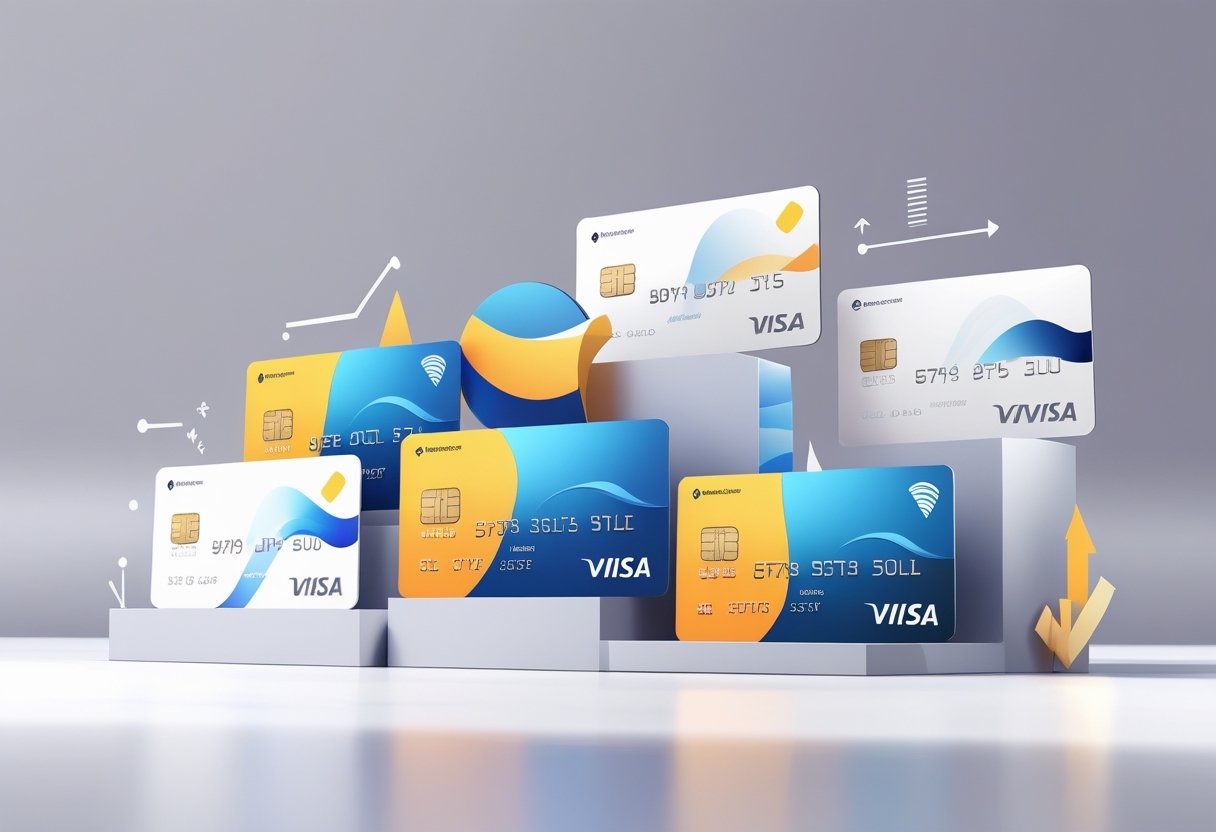 A group of modern credit cards arranged in a balanced composition with abstract financial icons and upward arrows around them.