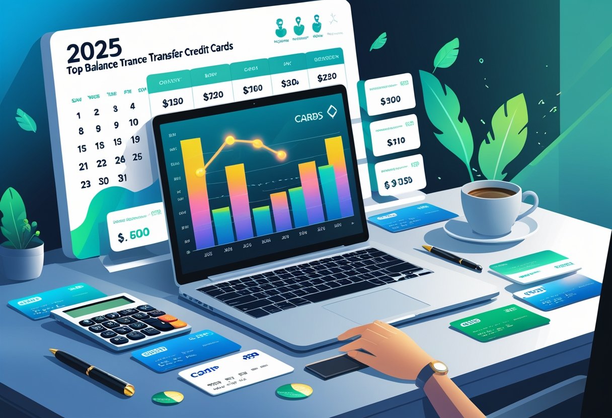 A desk with a laptop showing financial charts, several credit cards, a calculator, and a calendar highlighting the year 2025.