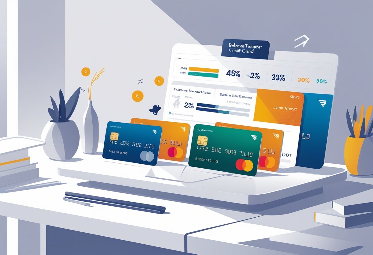 A set of different credit cards arranged side by side on a desk with icons and charts above them showing comparison details.