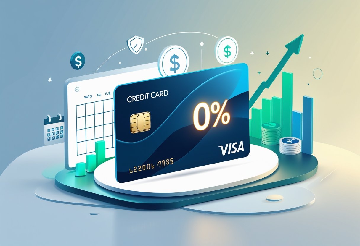 A modern credit card with a 0% symbol surrounded by financial icons like a calendar, shield, and graphs on a soft blue and green background.