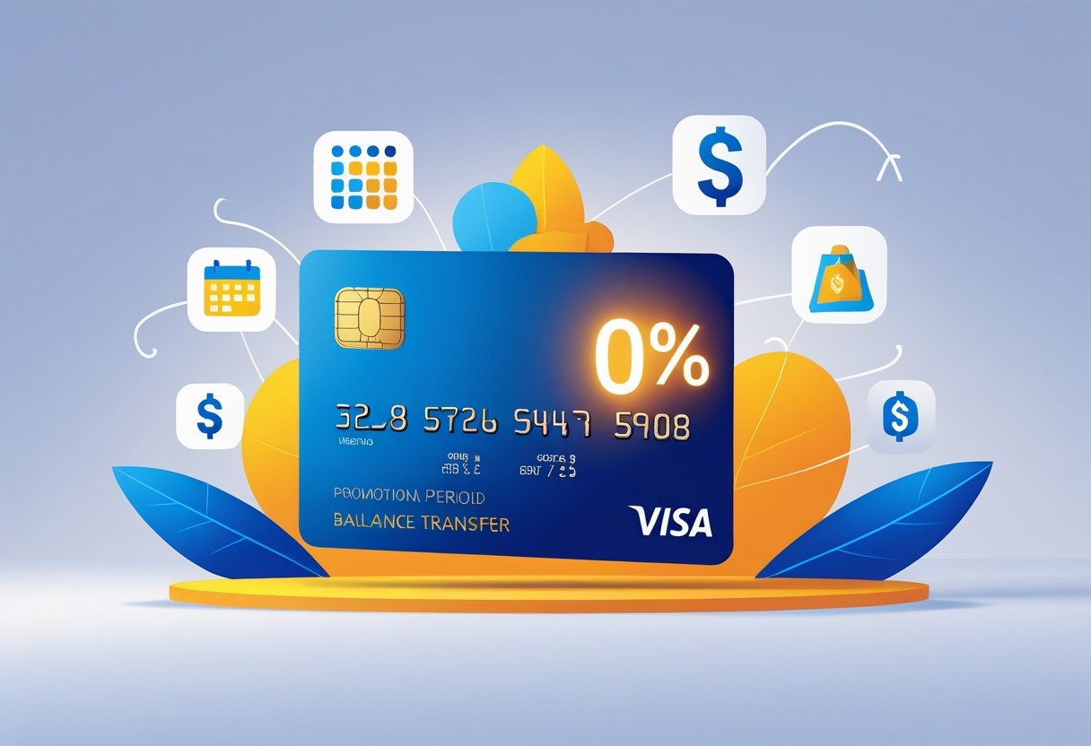 Illustration of a credit card with a glowing zero percent symbol, surrounded by icons representing calendar, security, savings, and money transfer.