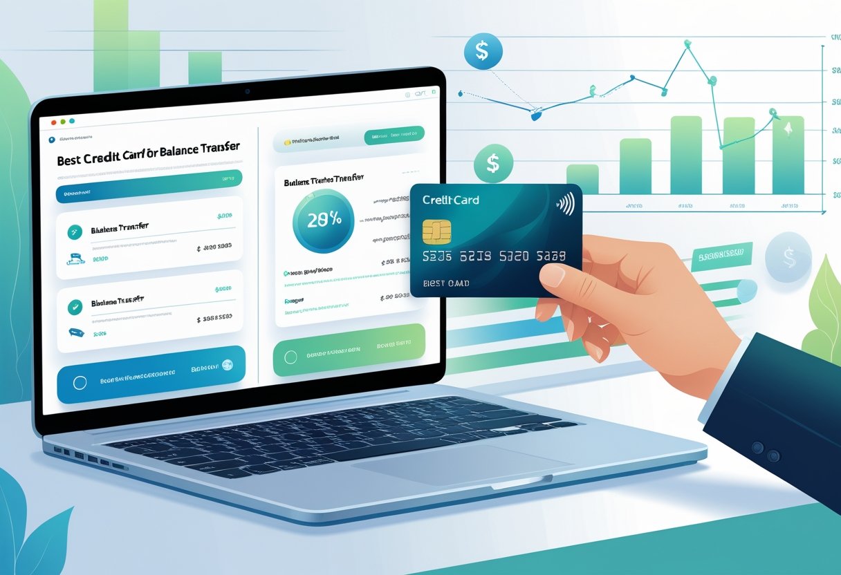 A hand holding a credit card over a laptop displaying financial charts and icons representing balance transfer.