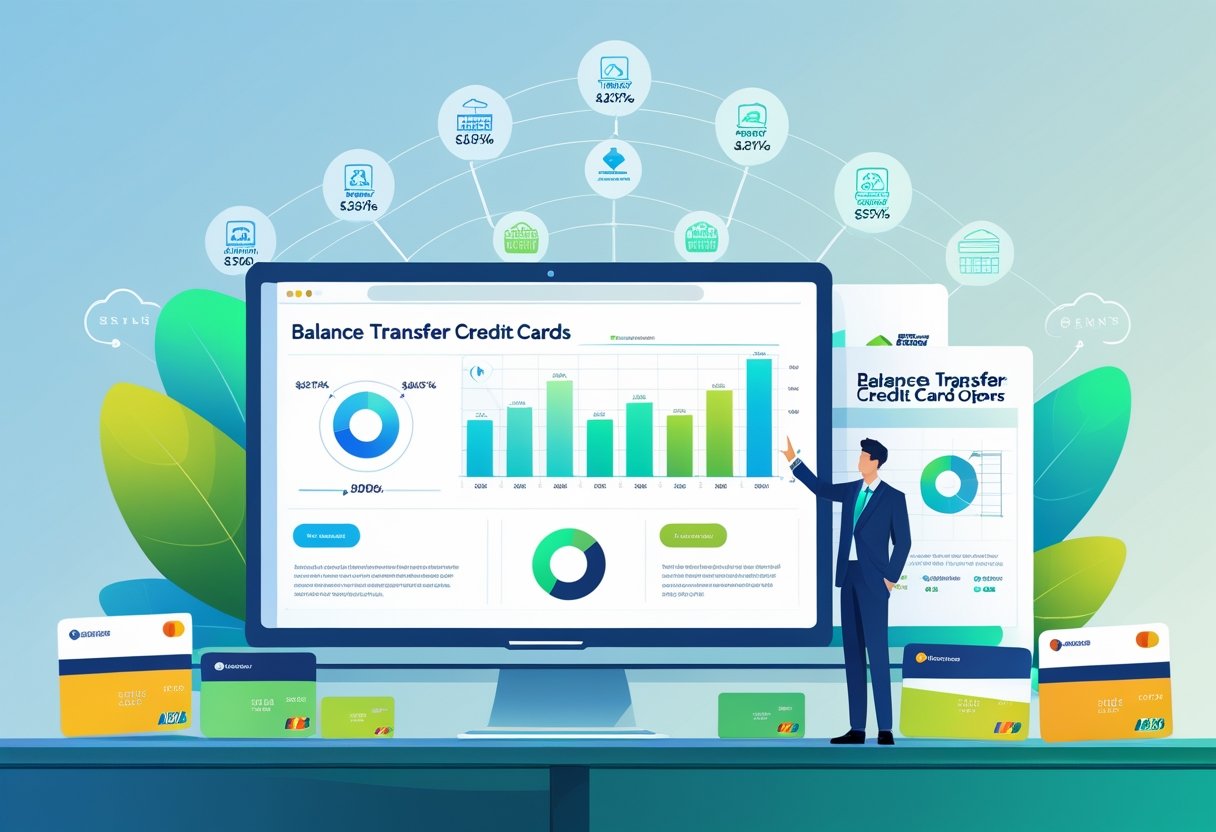 A person in business attire analyzing credit card options on a laptop with several credit cards on a desk and an infographic showing financial comparison icons in the background.