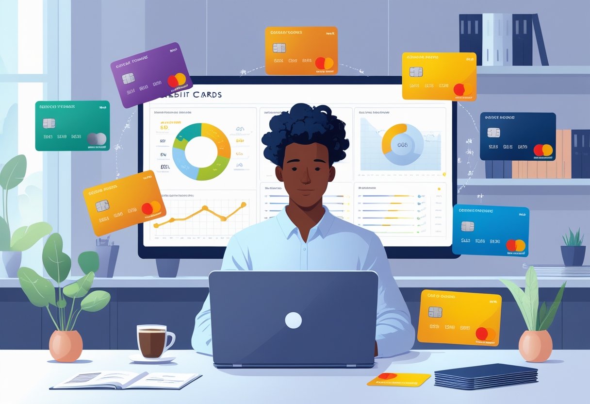 A person sitting at a desk reviewing credit cards and financial charts on a laptop, surrounded by floating credit cards in an office setting.