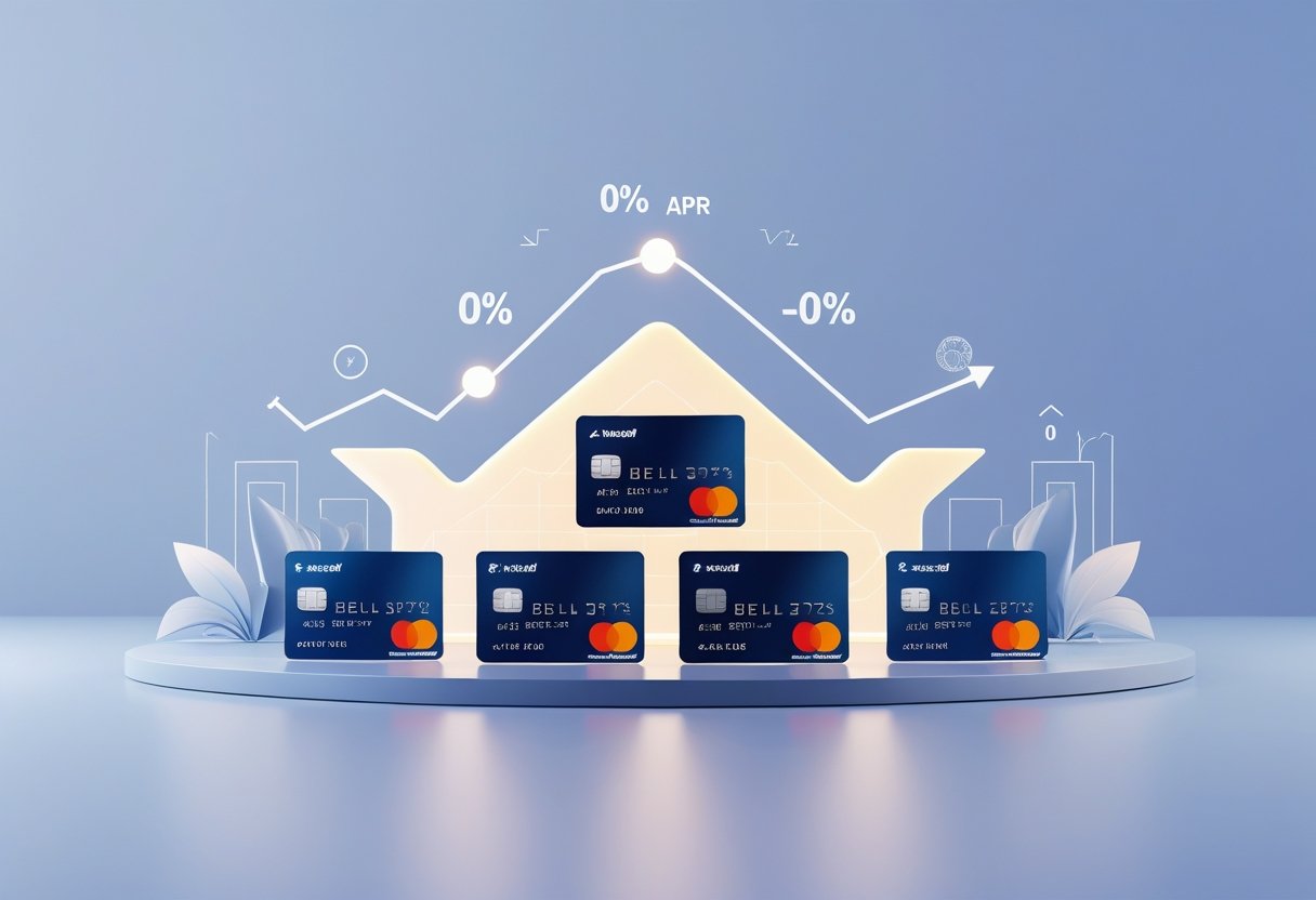 Several credit cards arranged in a semi-circle with a rising financial chart in the background, symbolizing balance transfer benefits.