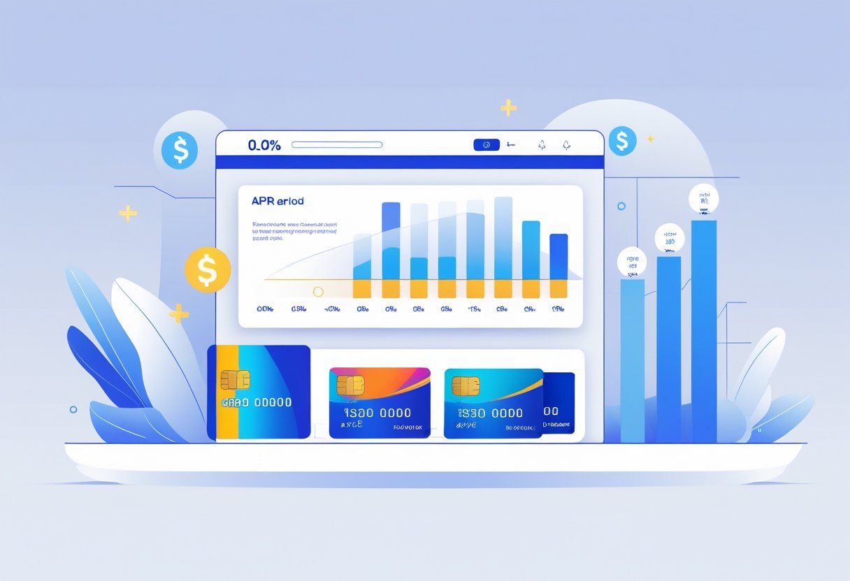 A digital dashboard showing multiple credit cards with graphical bars indicating different 0% introductory APR periods for balance transfer offers.