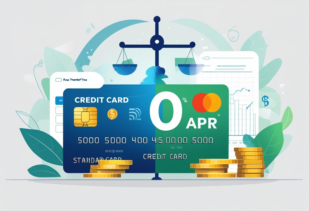 Two credit cards side by side with icons representing fees and savings, a balanced scale, stacks of coins, and financial charts in the background.