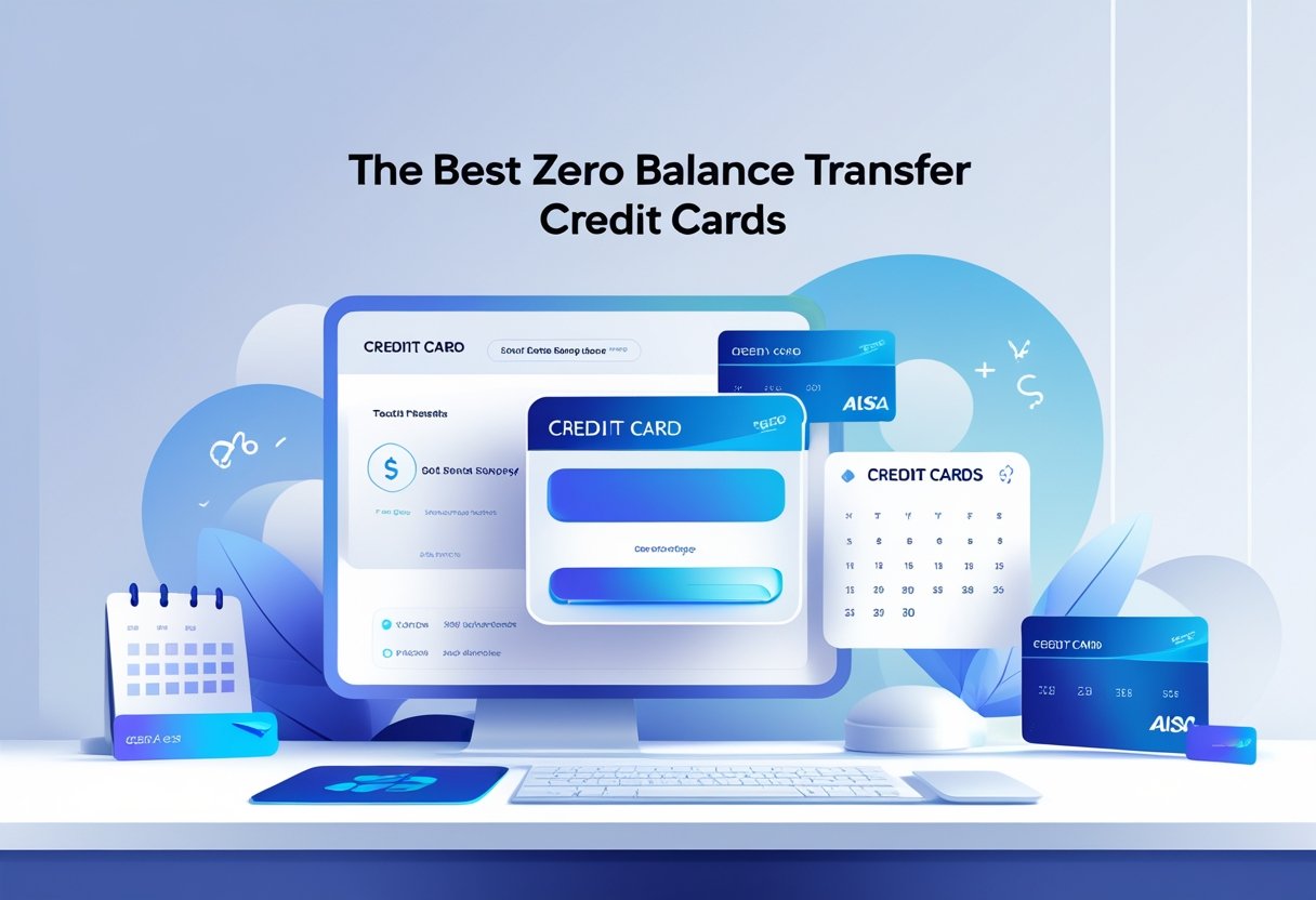 A modern desk with a digital tablet showing credit card graphics surrounded by several glowing credit cards and icons representing balance transfer and financial management.