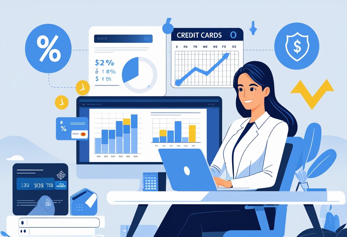 A businesswoman at a desk reviewing financial data on a laptop with floating icons representing interest rates, promotional periods, security, and zero balance credit cards in a modern office setting.