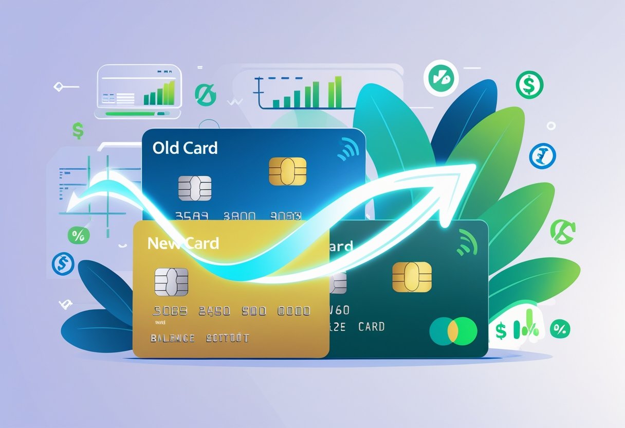 Two credit cards with an arrow showing balance transferring from one card to another surrounded by financial icons.