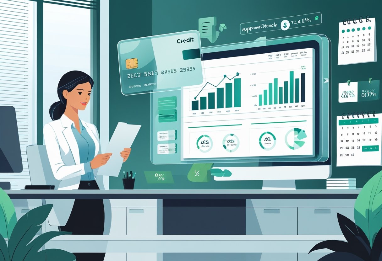 A businesswoman reviewing financial documents with a large credit card and financial icons in a modern office setting.