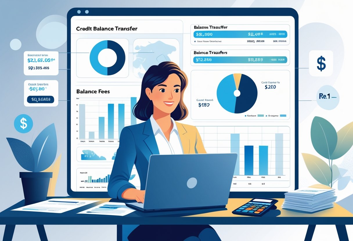 A businesswoman at a desk analyzing financial documents and charts related to credit balance transfer fees.