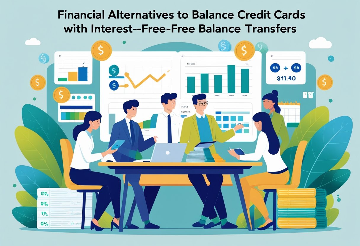 People exploring different financial options like budgeting apps, financial advice, personal loans, and savings accounts to manage debt without using balance transfer credit cards.