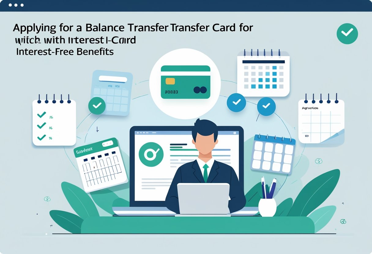 An individual at a desk using a laptop with icons representing steps for applying for a balance transfer credit card, including a checklist, credit card, calendar, and document.