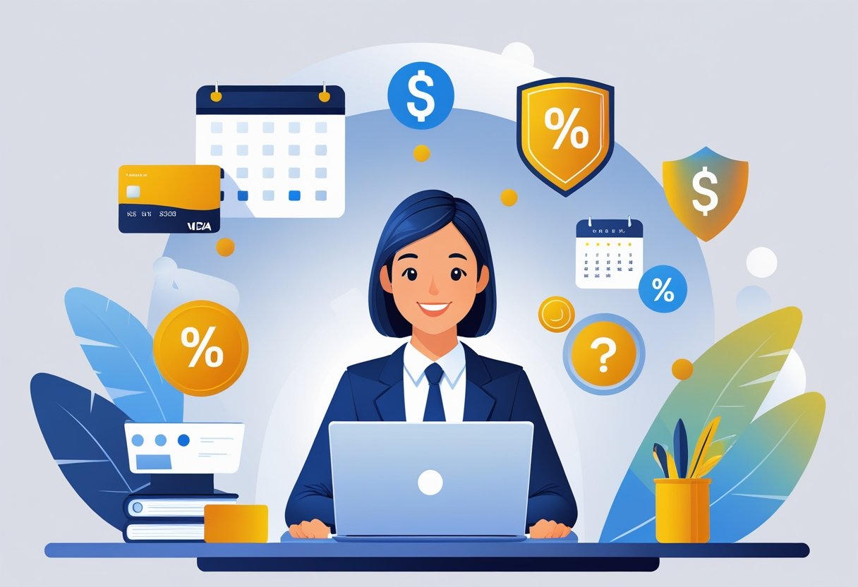 A customer service representative at a desk with financial icons floating around, illustrating help with balance transfer questions.