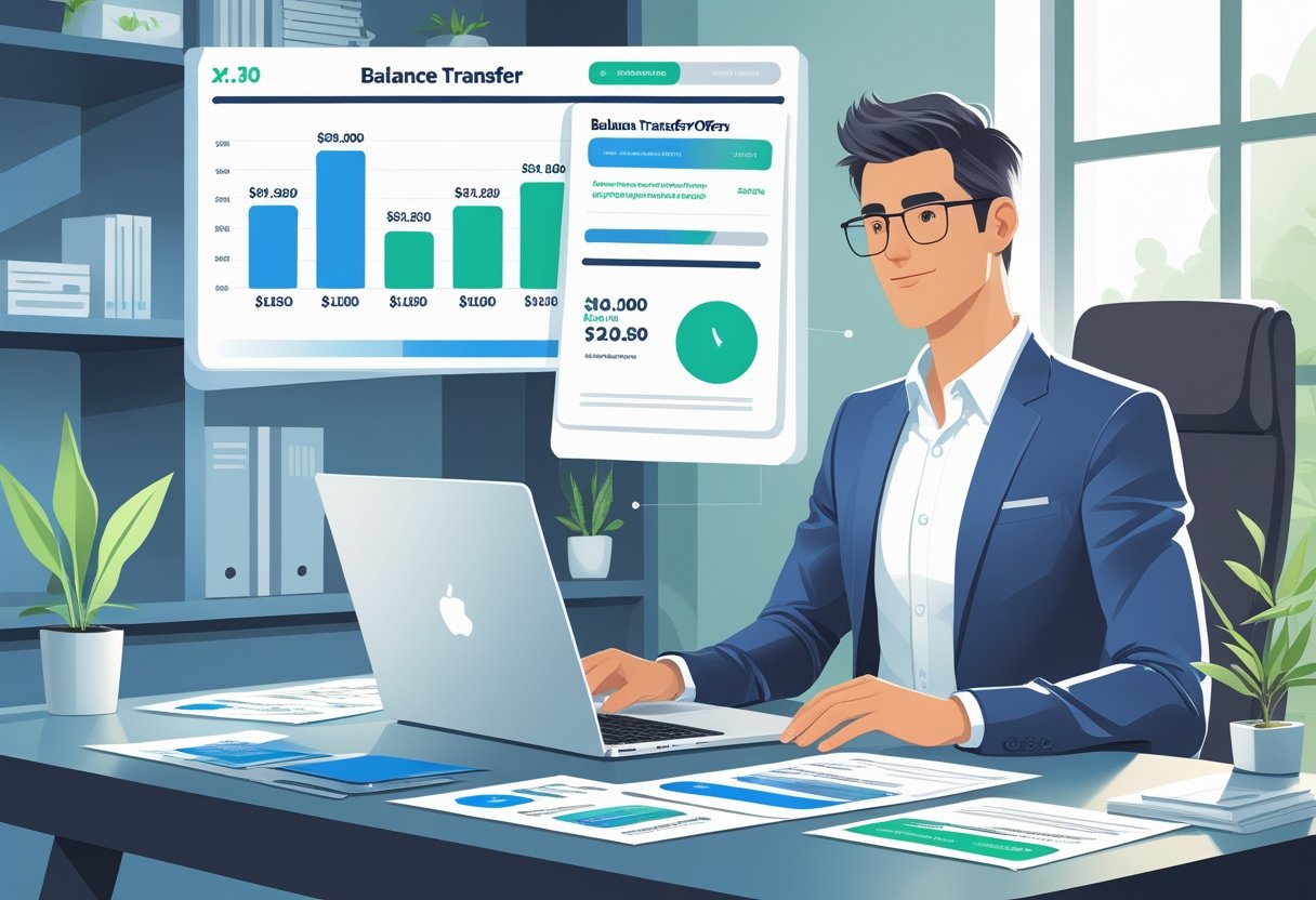 A person at a desk reviewing financial documents and a chart comparing balance transfer offers.