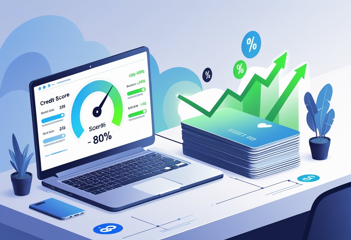 A desk with a laptop showing a high credit score gauge, a stack of credit cards with one highlighted, and graphical elements representing interest rates dropping to zero.